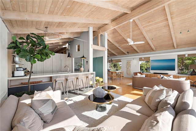 living room with wood ceiling, ceiling fan, beamed ceiling, and light wood-type flooring