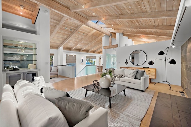 living room with wood ceiling, high vaulted ceiling, and beamed ceiling