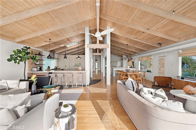 living room featuring lofted ceiling with beams, sink, ceiling fan, wooden ceiling, and light hardwood / wood-style flooring