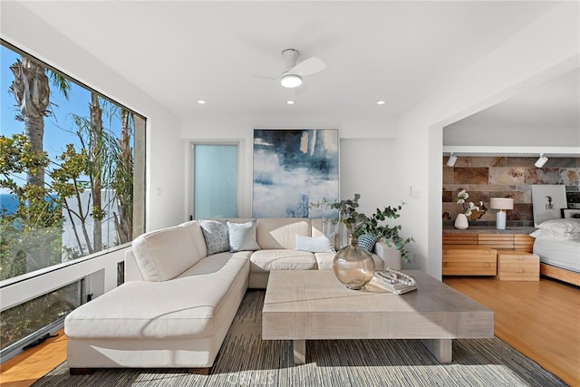 living room with hardwood / wood-style floors and ceiling fan