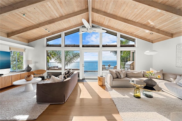 living room featuring a water view, wood ceiling, beam ceiling, and light wood-type flooring