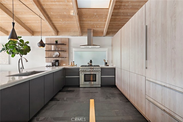 kitchen with decorative light fixtures, ventilation hood, sink, high end range, and wood ceiling