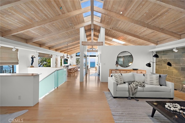 unfurnished living room with lofted ceiling with skylight, wooden ceiling, and light hardwood / wood-style floors