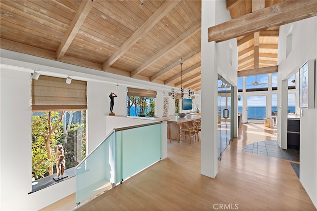 corridor featuring wood ceiling, beam ceiling, light hardwood / wood-style flooring, and plenty of natural light