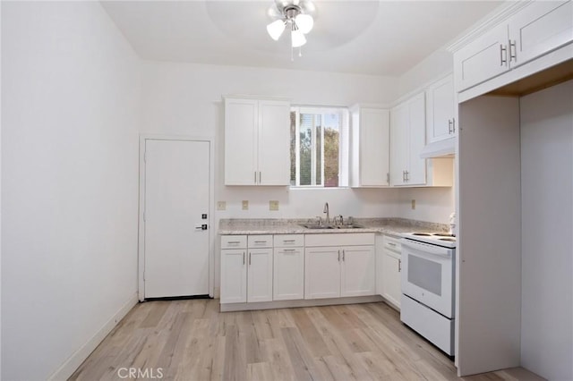 kitchen with white electric stove, light wood finished floors, white cabinetry, a sink, and under cabinet range hood