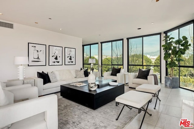 living room featuring a wealth of natural light and a wall of windows