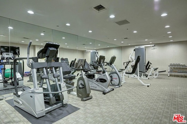 exercise room featuring light carpet