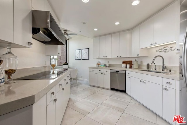 kitchen featuring extractor fan, dishwasher, sink, white cabinets, and black electric stovetop