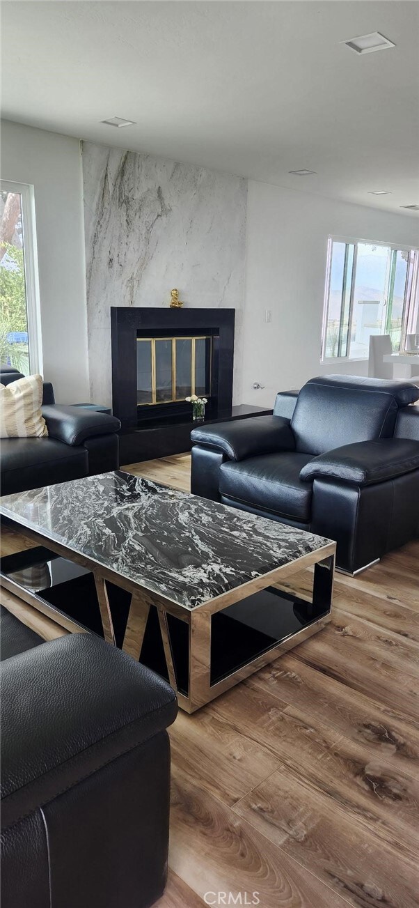 living room featuring hardwood / wood-style flooring, a fireplace, and a wealth of natural light