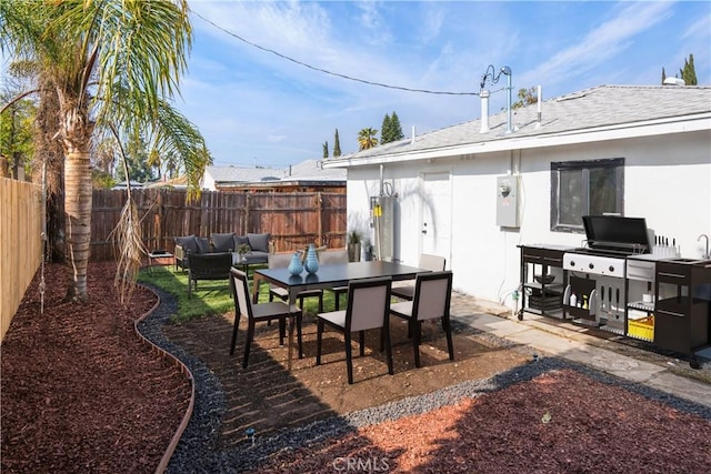 view of patio with an outdoor living space and a grill