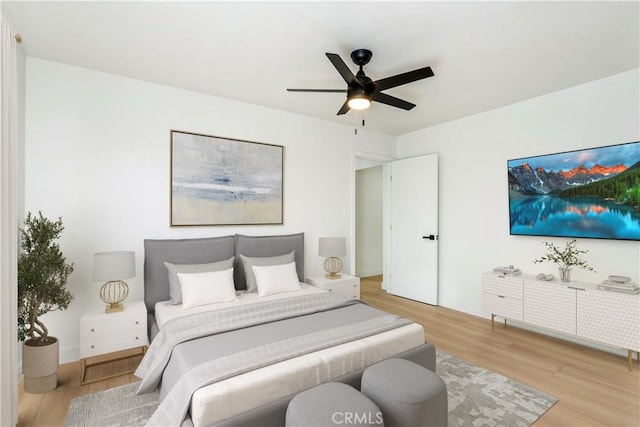 bedroom with ceiling fan and light wood-type flooring