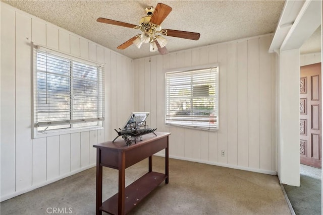 office space featuring ceiling fan, carpet, and a textured ceiling