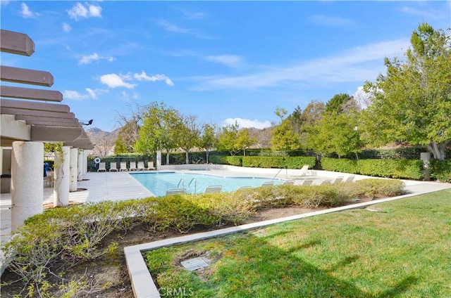 22307 Mission Cir, Chatsworth, CA 91311 - community pool featuring a mountain view and a patio