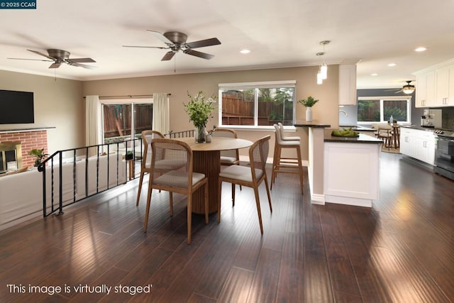 dining space featuring ornamental molding, a fireplace, and dark hardwood / wood-style flooring