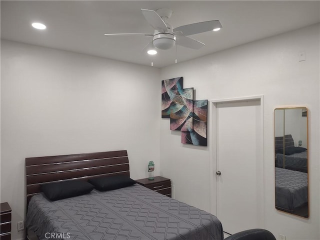 bedroom featuring a ceiling fan and recessed lighting