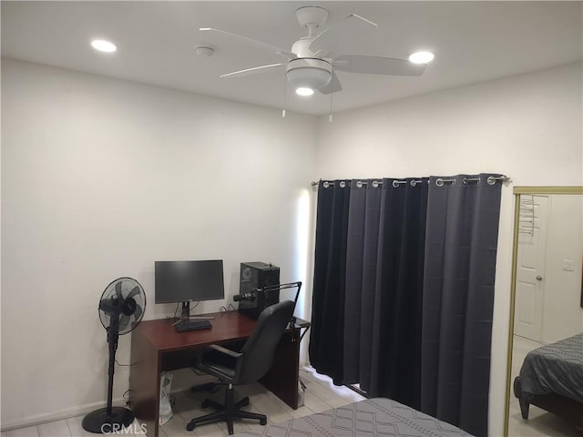 home office with a ceiling fan, recessed lighting, and light tile patterned floors