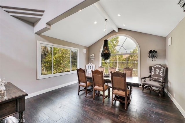 dining space with dark wood-type flooring, a wealth of natural light, and vaulted ceiling with beams