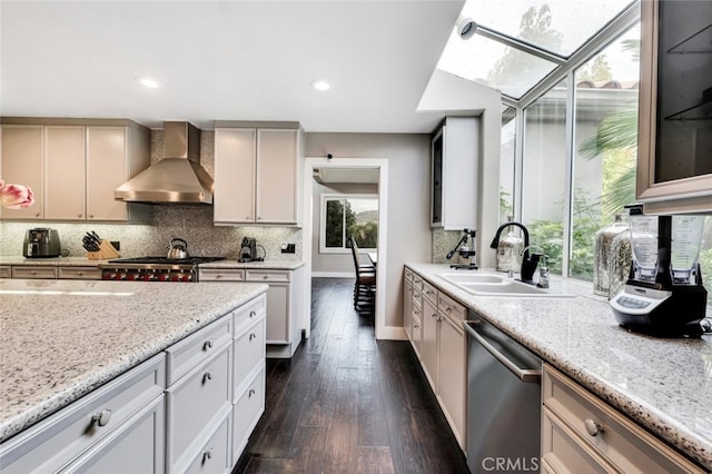 22544 N Summit Ridge Cir, Chatsworth, CA 91311 - kitchen with wall chimney range hood, stainless steel dishwasher, decorative backsplash, dark wood-type flooring, and recessed lighting