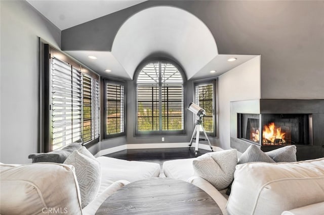 living room with hardwood / wood-style flooring, a multi sided fireplace, and vaulted ceiling