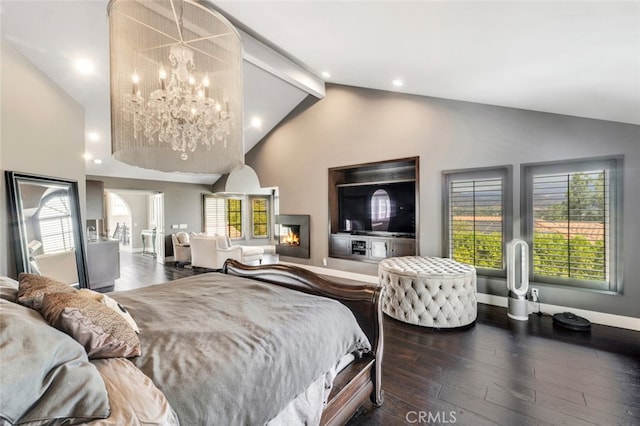 bedroom with multiple windows, dark wood-type flooring, high vaulted ceiling, and beamed ceiling