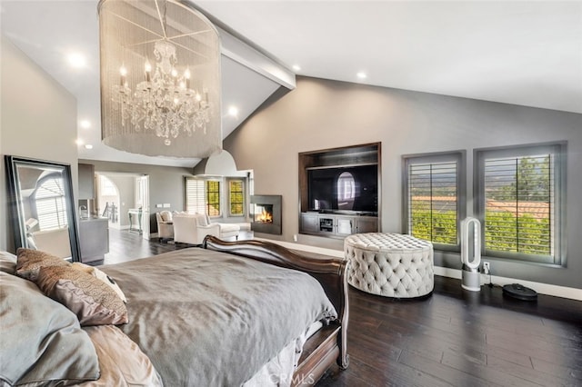 22544 N Summit Ridge Cir, Chatsworth, CA 91311 - bedroom featuring dark wood-type flooring, beamed ceiling, high vaulted ceiling, a chandelier, and a glass covered fireplace
