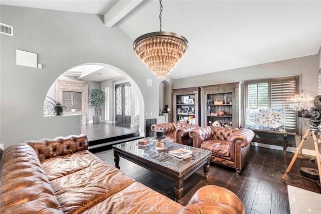 22544 N Summit Ridge Cir, Chatsworth, CA 91311 - living area featuring a chandelier, arched walkways, plenty of natural light, beam ceiling, and hardwood / wood-style flooring