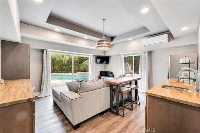 living room with wood-type flooring, sink, a wall mounted air conditioner, and a tray ceiling