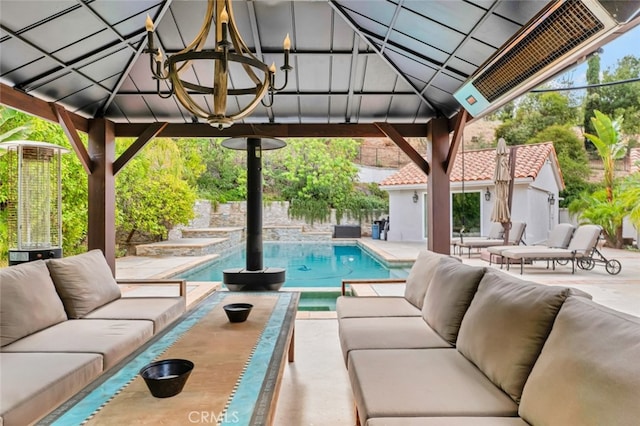 view of swimming pool featuring a gazebo, outdoor lounge area, and a patio