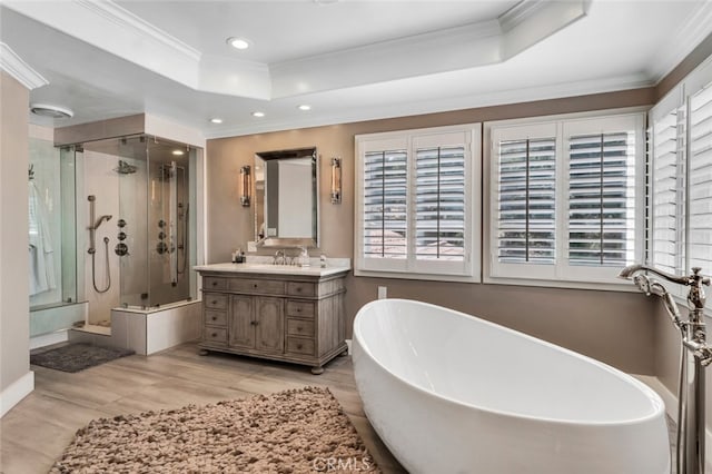 bathroom with ornamental molding, vanity, a tray ceiling, and plus walk in shower