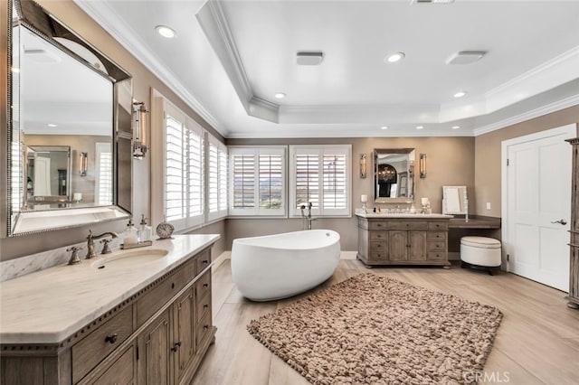 bathroom with vanity, a bath, a tray ceiling, and ornamental molding