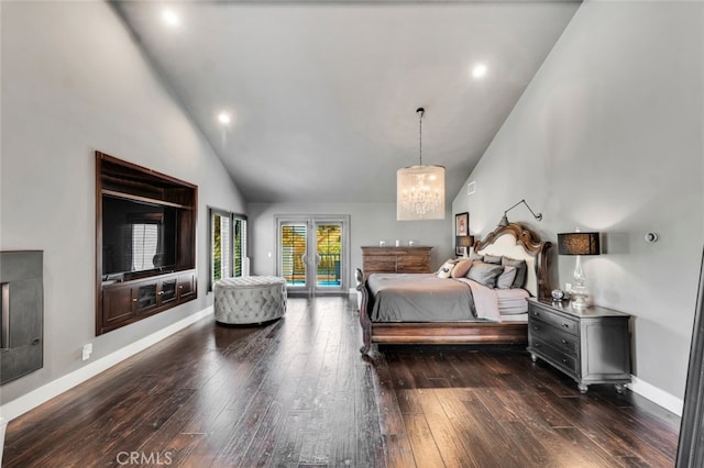 bedroom with dark hardwood / wood-style floors, high vaulted ceiling, a chandelier, access to outside, and french doors