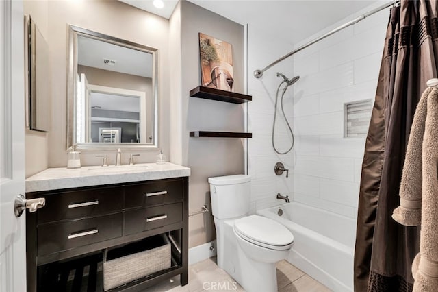 full bathroom with vanity, toilet, and shower / bath combo with shower curtain