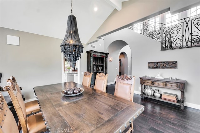 22544 N Summit Ridge Cir, Chatsworth, CA 91311 - dining area featuring arched walkways, high vaulted ceiling, wood finished floors, beamed ceiling, and a chandelier
