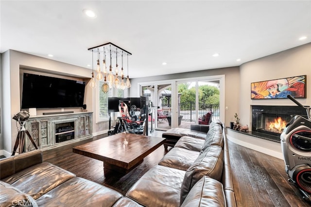 22544 N Summit Ridge Cir, Chatsworth, CA 91311 - living room featuring a glass covered fireplace, recessed lighting, and hardwood / wood-style flooring