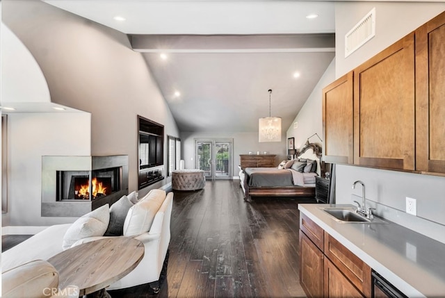 22544 N Summit Ridge Cir, Chatsworth, CA 91311 - bedroom featuring beam ceiling, a multi sided fireplace, high vaulted ceiling, and dark wood finished floors