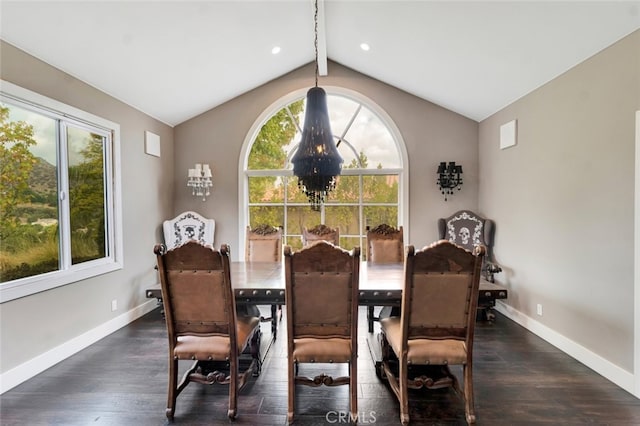 dining area with vaulted ceiling, dark hardwood / wood-style floors, and a notable chandelier