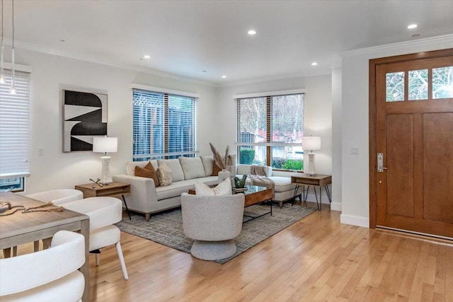 living room featuring crown molding and light hardwood / wood-style flooring