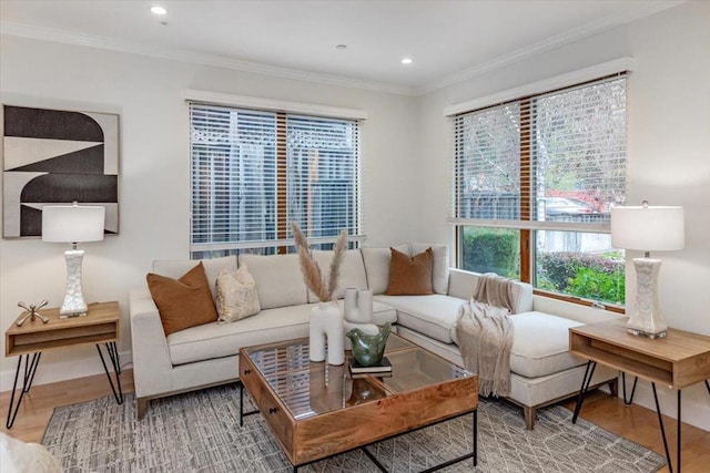 living room with hardwood / wood-style flooring and ornamental molding