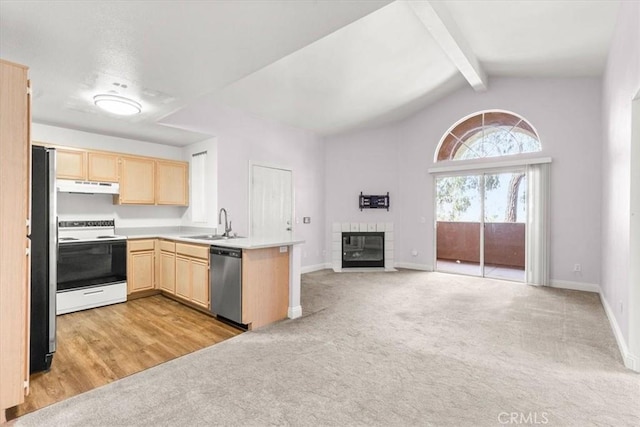 kitchen with light brown cabinetry, white range with electric stovetop, dishwasher, black fridge, and light carpet