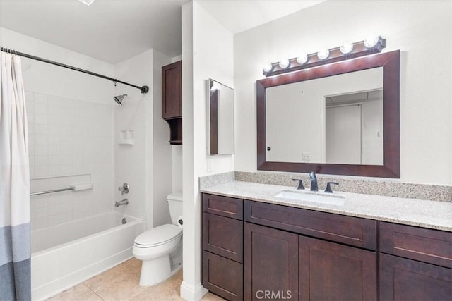 full bathroom featuring shower / bath combination with curtain, vanity, toilet, and tile patterned flooring