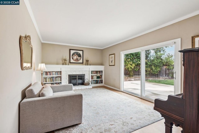 living room with hardwood / wood-style flooring and ornamental molding