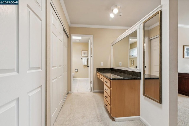 interior space featuring crown molding and light colored carpet