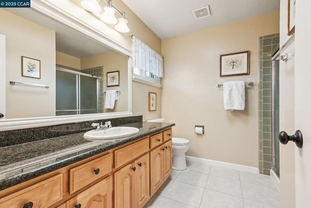 bathroom with tile patterned flooring, vanity, toilet, and walk in shower