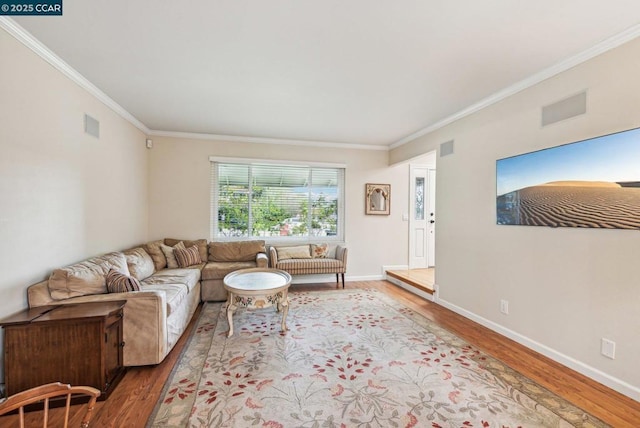 living room featuring crown molding and hardwood / wood-style floors