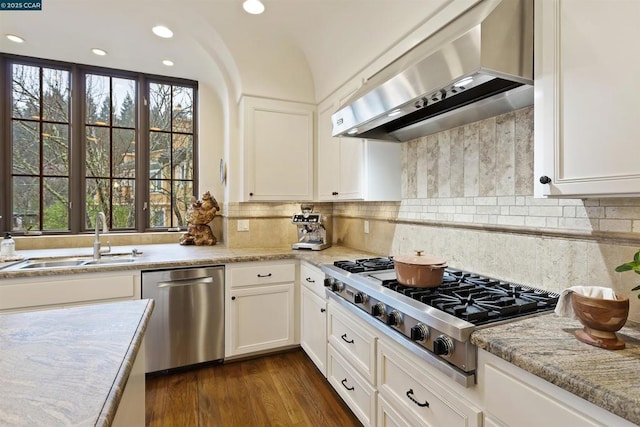 kitchen featuring sink, exhaust hood, white cabinets, and appliances with stainless steel finishes