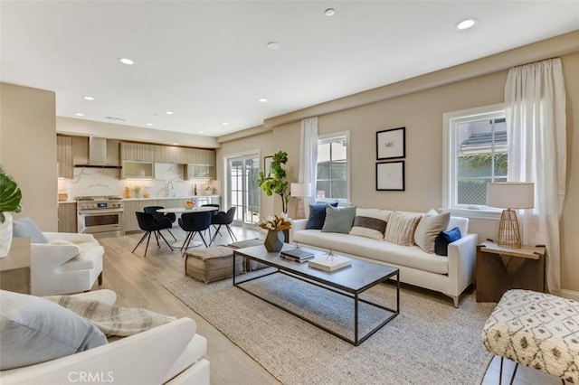 living room featuring sink and light wood-type flooring