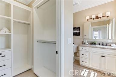 bathroom featuring crown molding and vanity