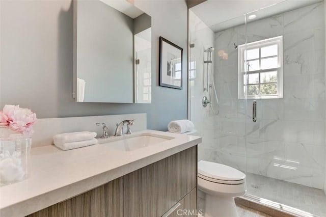 bathroom with vanity, walk in shower, and toilet