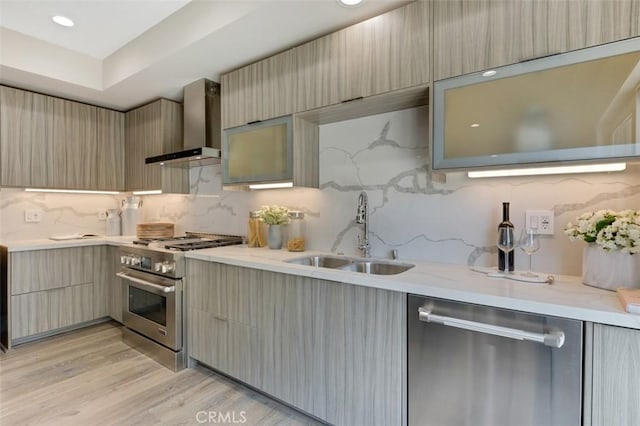 kitchen featuring sink, backsplash, wall chimney exhaust hood, and appliances with stainless steel finishes