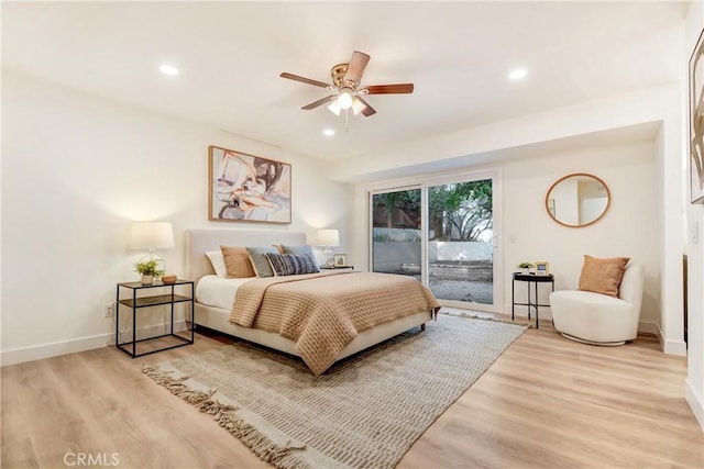 bedroom with ceiling fan, light wood-type flooring, and access to outside